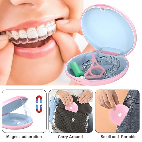 Miniatura 5 de ARGOMAX Estuche Alineador, Estuche de Retenedor, Caja de Llaves, Caja de Ortodoncia de 3 piezas (1 rosa con silicona azul claro + 2 piezas rosas).
