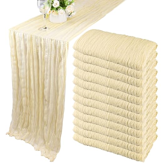 12 Pack 10Ft Cheesecloth Table Runner 35x120 Inch Boho Gauze Rustic Cheese Cloth Long Romantic Table Runner for Wedding Bridal Shower Birthday Party Table Decor (Beige)