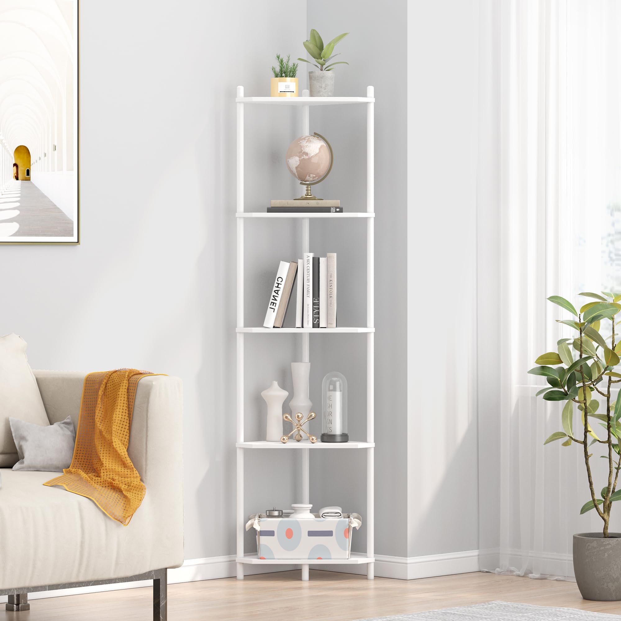 Wisuce Corner Shelf Stand - 5 Tier White Bamboo Small Corner Bookshelf for Office Kitchen Bedroom Plant Stand Living Room Decor Small Space
