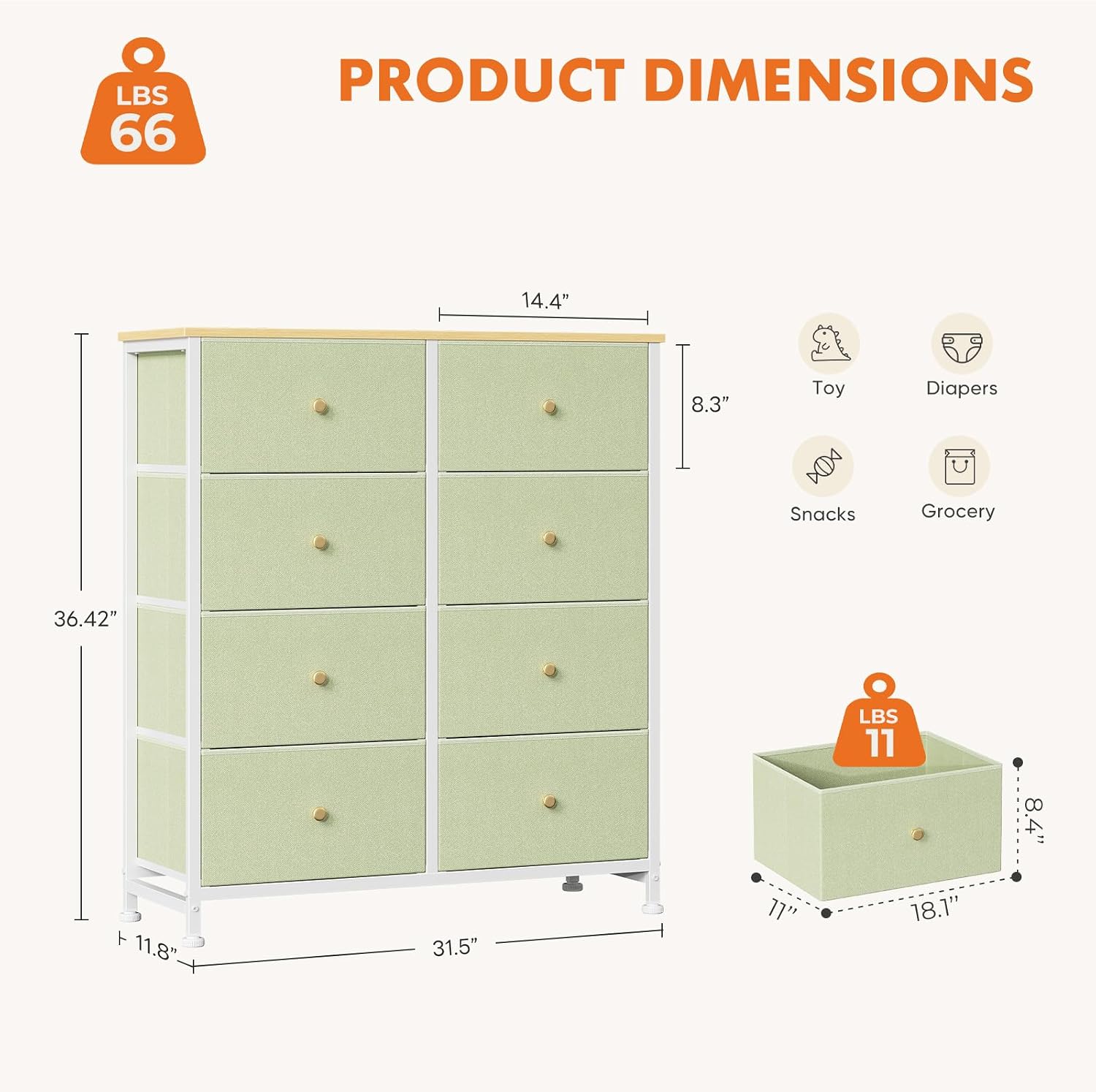  8 Drawer Fabric Dresser, Tall Storage Tower for Bedroom | Spacious Clothes Storage, Anti-Tip Design, Easy-Pull Fabric Bins, Ideal for Bedroom, Closet, Living Room, Light Green thumbnail