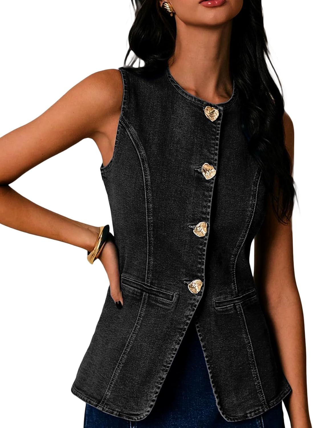 Mina Self 2026 Summer Women's Denim Vest Tops Sleeveless - Crew Neck Button Down Jean Outerwear Casual Western Y2K Waistcoat