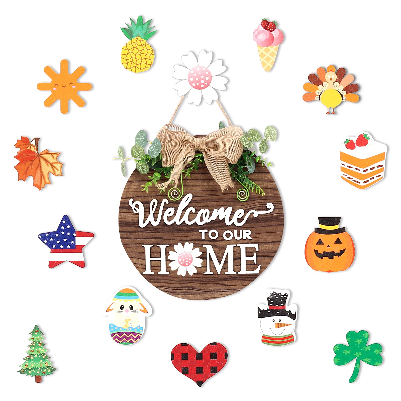 Welcome Sign for Front Door - Interchangeable Seasonal Wreath Holiday Round Wood Home Outdoor Sign with Winter Autumn Thanksgiving Halloween Buffalo Plaid Christmas Country Easter Decor