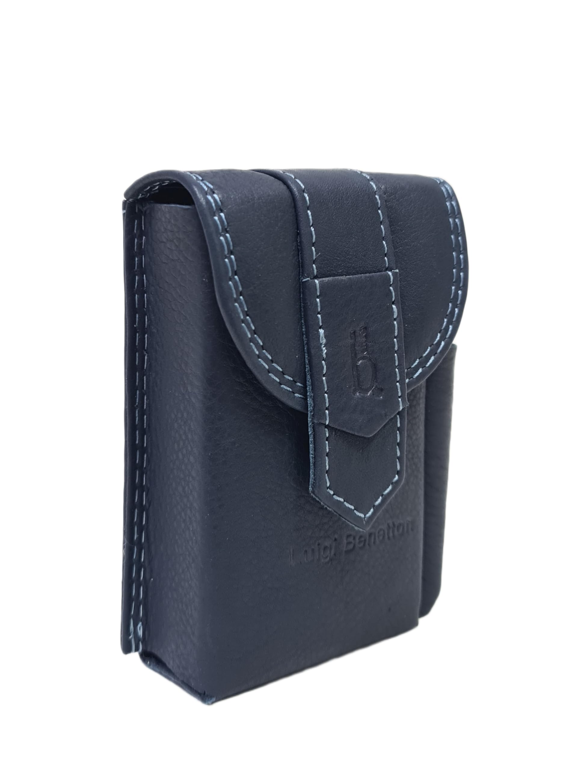 Luigi Benetton Portasigarette in Vera Pelle, Doppio Bottone, Porta Accendino Laterale, Dimensioni 10x6,5x3 cm, con Scatola Regalo Art. 3176 (BLU)