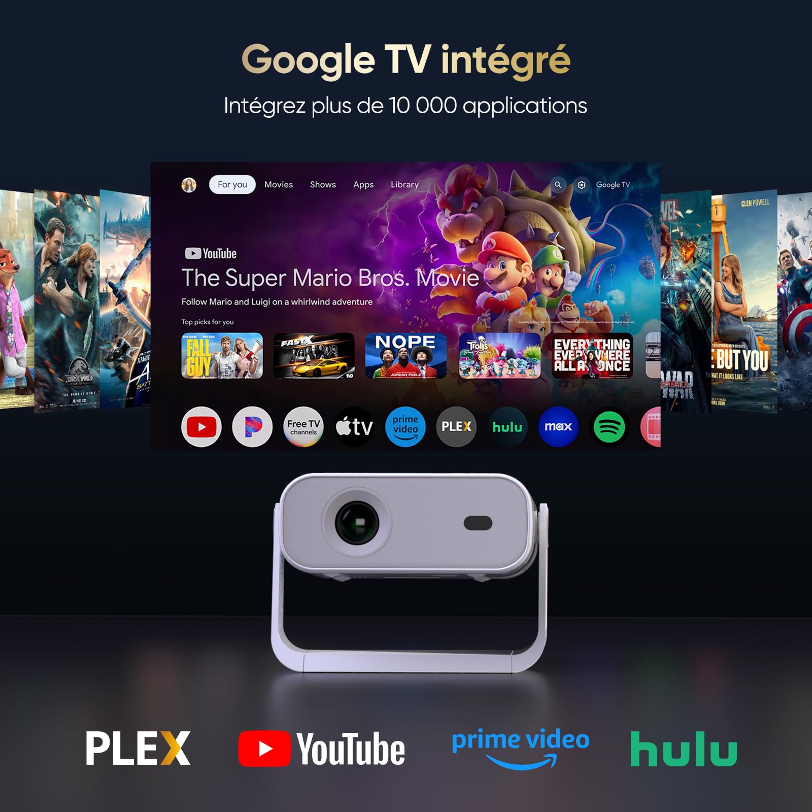 Nouveau videoprojecteur Google TV 2026 avec Applications intégrées, résolution Native 1080p et 4K Compatible, Wi-FI 6 et Bluetooth 5.2, 240 ANSI, Ventilateur Silencieux (<30 DB), pour iOS/Android/PS5