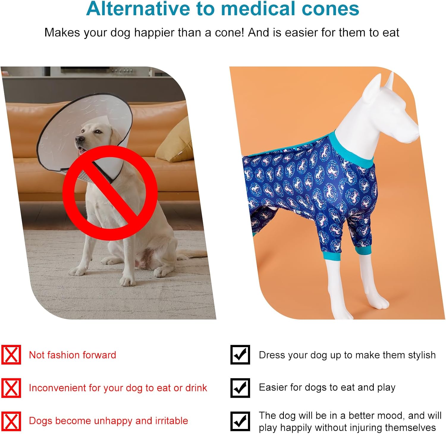 LovinPet Big Dog Bodysuit Onesie Cute, Wound Care Dog Onesie, Pet Anxiety Calming Shirt, Pittie Pajamas, 4 Legged Large Dog Jammies, Unicorn Print, Stretchy Pjs for Dogs,Large