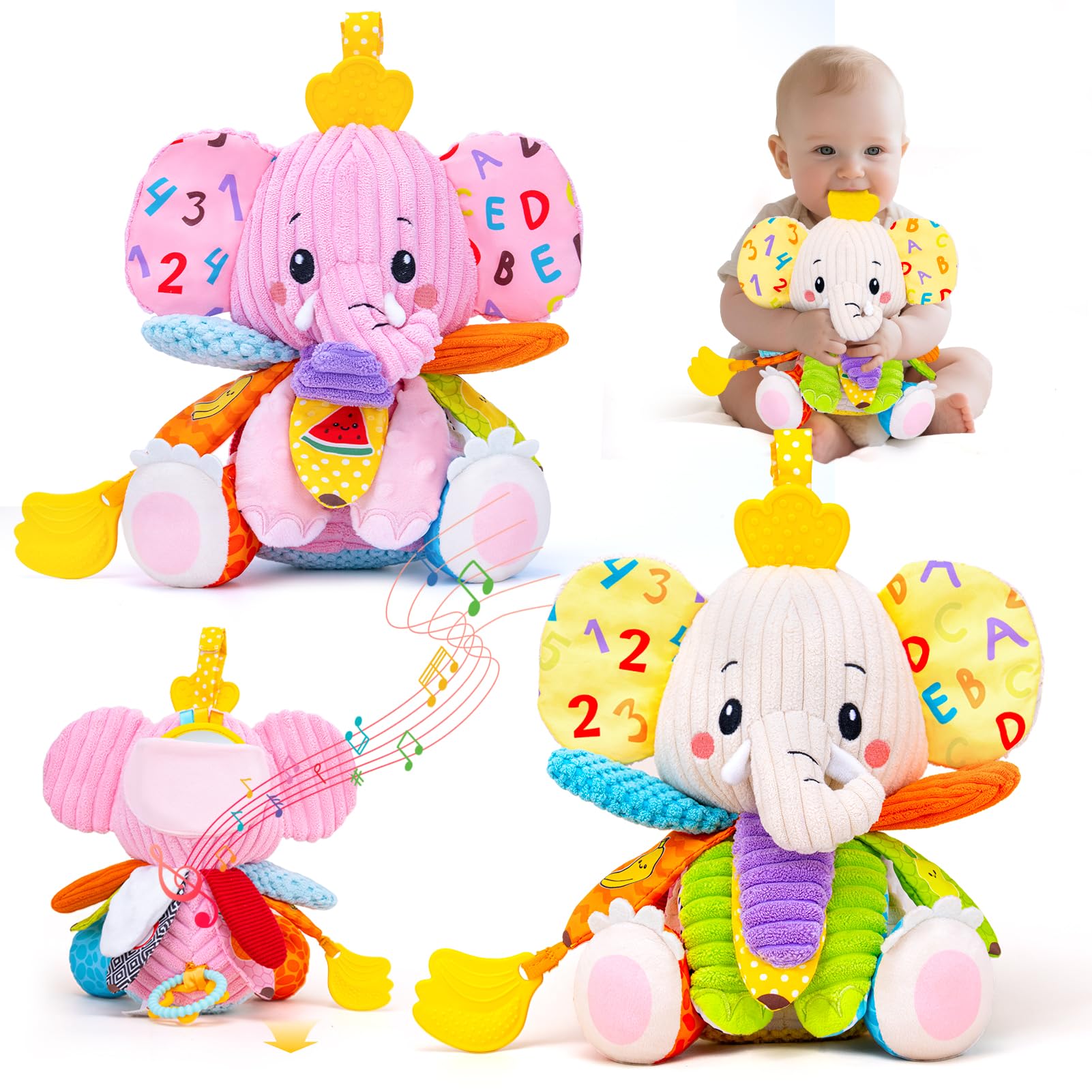 2 Pack Musical Stuffed Elephant Toddler Toy for Girl Boy Infant 3 6 9 12 Months, Baby Toys 6-12-18 months, Tummy Time Toy Montessori Sensory Toys 0-6-12 Months, Crinkle Paper, Soothing Music Easter Ba