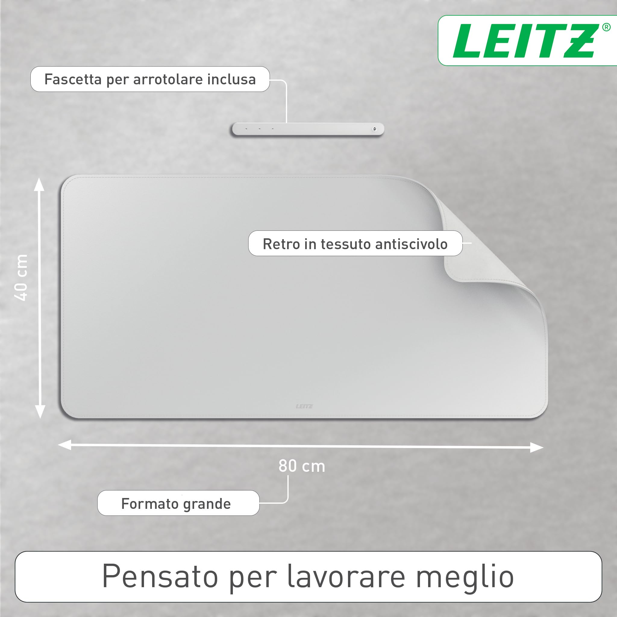 Leitz Tappetino mouse Impermeabile da Scrivania Grande - Protezione Opaca, Adatta a Ufficio e Casa, Facile da Pulire e Antigraffio, 80 x 40 cm, Grigio Chiaro