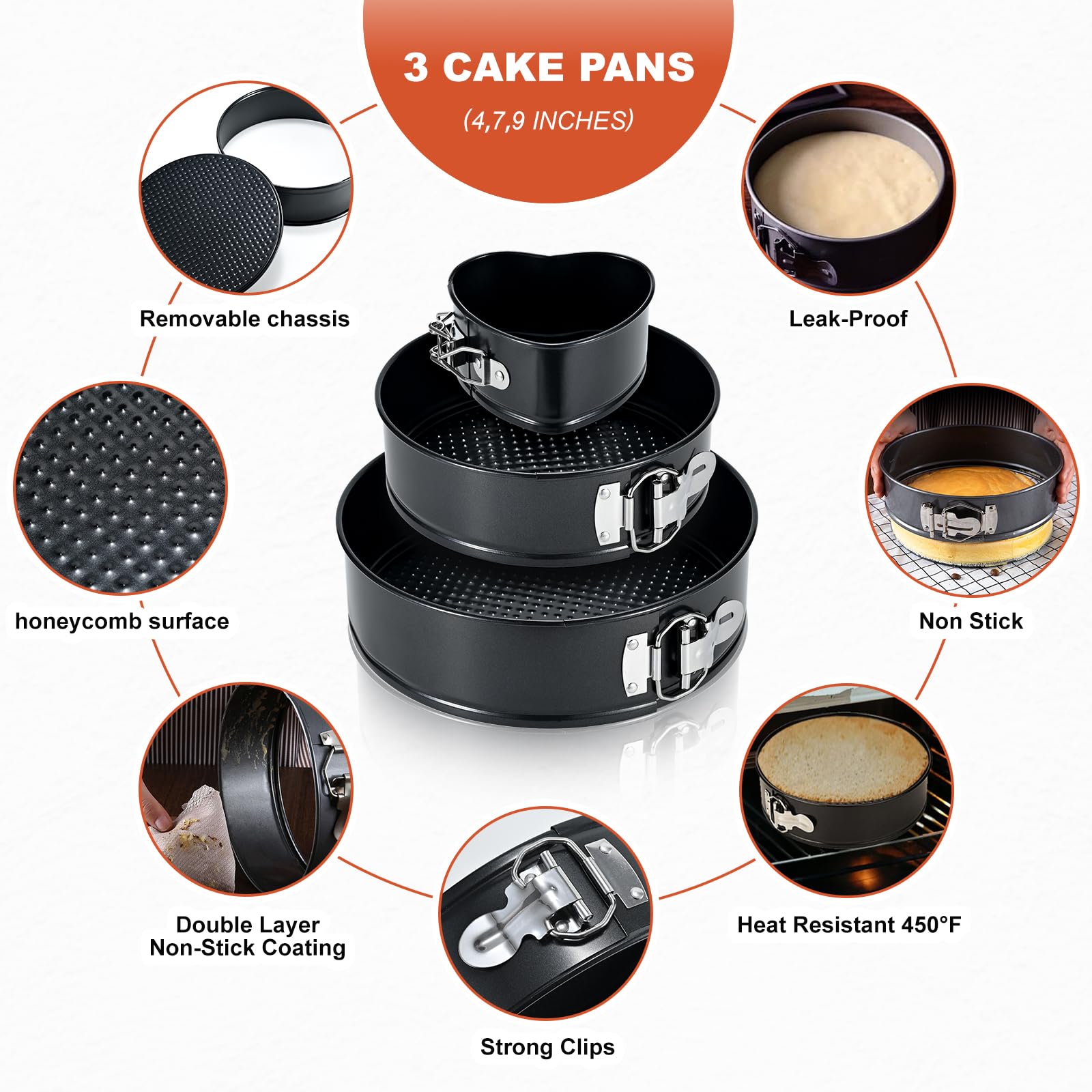 3 Pcs Bandeja antiadherente para tarta de queso 10cm+18cm+23cm, Bandeja redonda para tartas a prueba de fugas con fondo extraíble, moldes para tartas de cumpleaños de liberación rápida