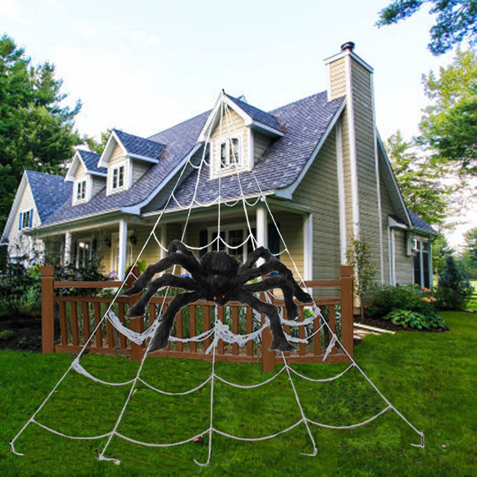 Halloween Spider Web Decoration 16ft + Giant Spider 35" + Stretchy Dense Spider Silk Rope and 2 Small Spiders Triangular Huge Spider Web for Indoor Outdoor (Black)