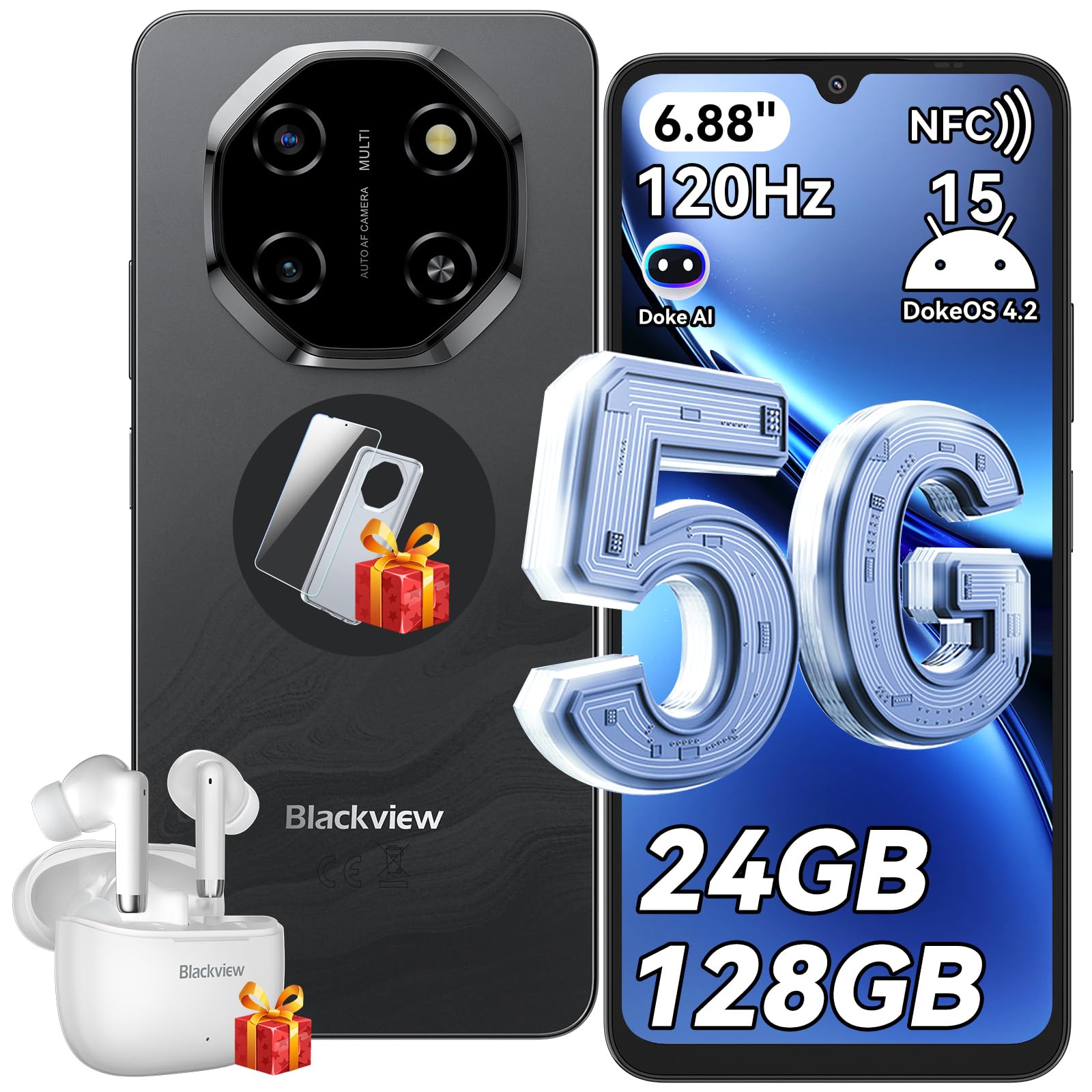 Blackview Shark 6 Unlocked Phones, 5G T-Mobile Phones, 6.88" 120Hz 24GB+128GB/2TB, Android 15 Phone 16MP+8MP AI Camera 5000mAh/18W Cell Phone, Fingerprint/Eye Comfort Celulares GPS/OTG/NFC B