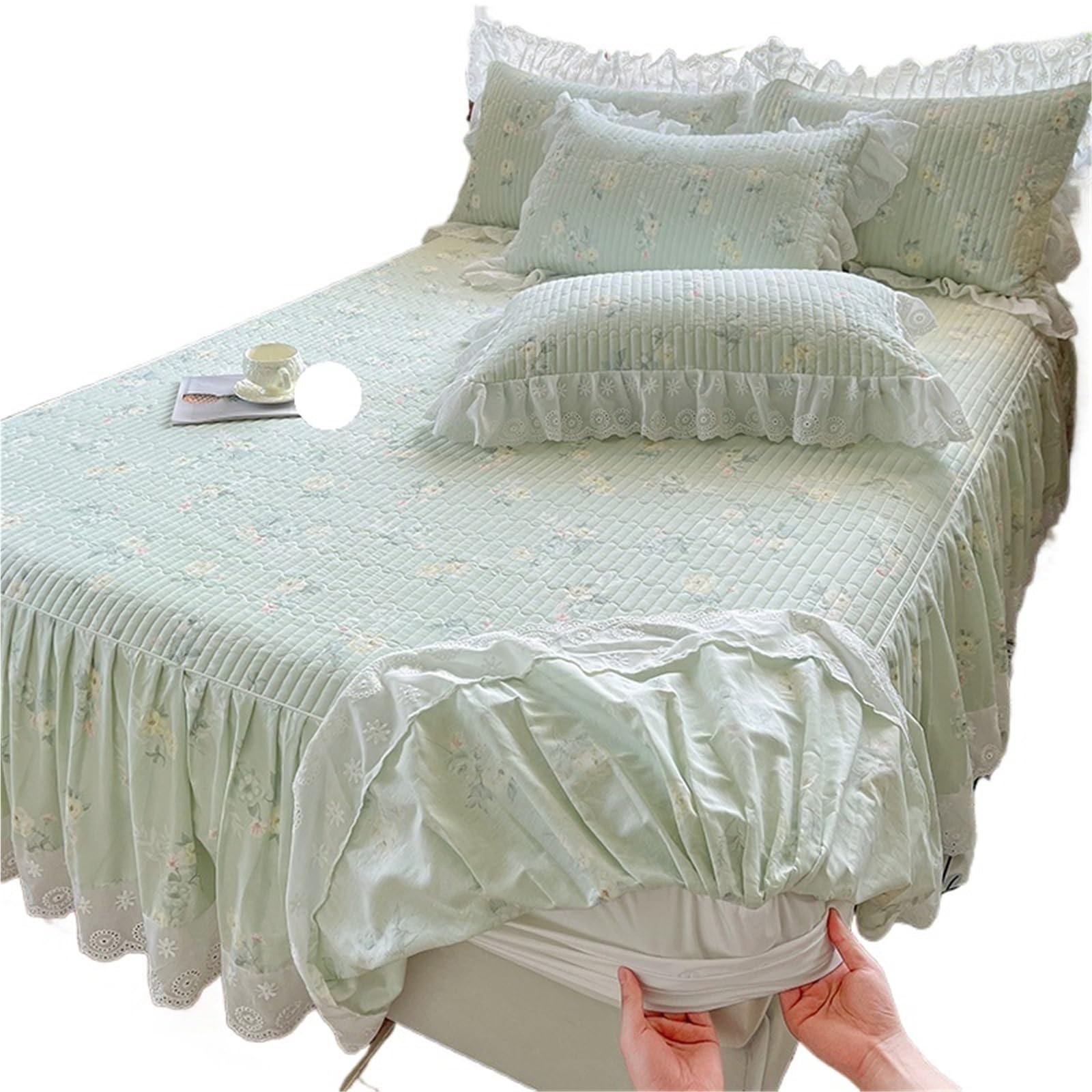 3Pcs Lace Ruffles Floral Pure Cotton Quilted Bed Skirt, Mattress Cover, Bedspread, Sheet, Fitted, With Pillowcases(Color06,180X220cm 3pcs)