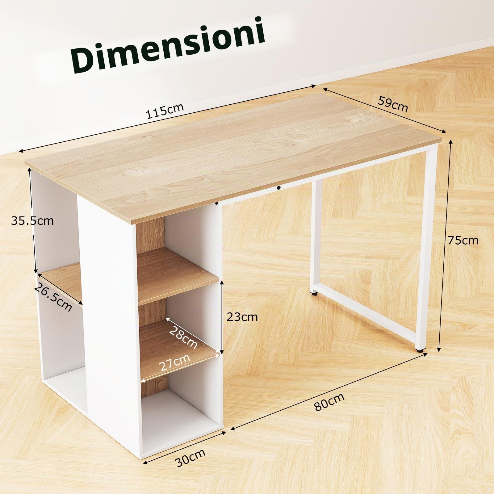 FANTASK Scrivania, 115 x 59 cm, scrivania per computer con vano portaoggetti e telaio in metallo, moderno tavolo da ufficio con 5 ripiani, tavolo per PC per camera da letto, studio (naturale + bianco)