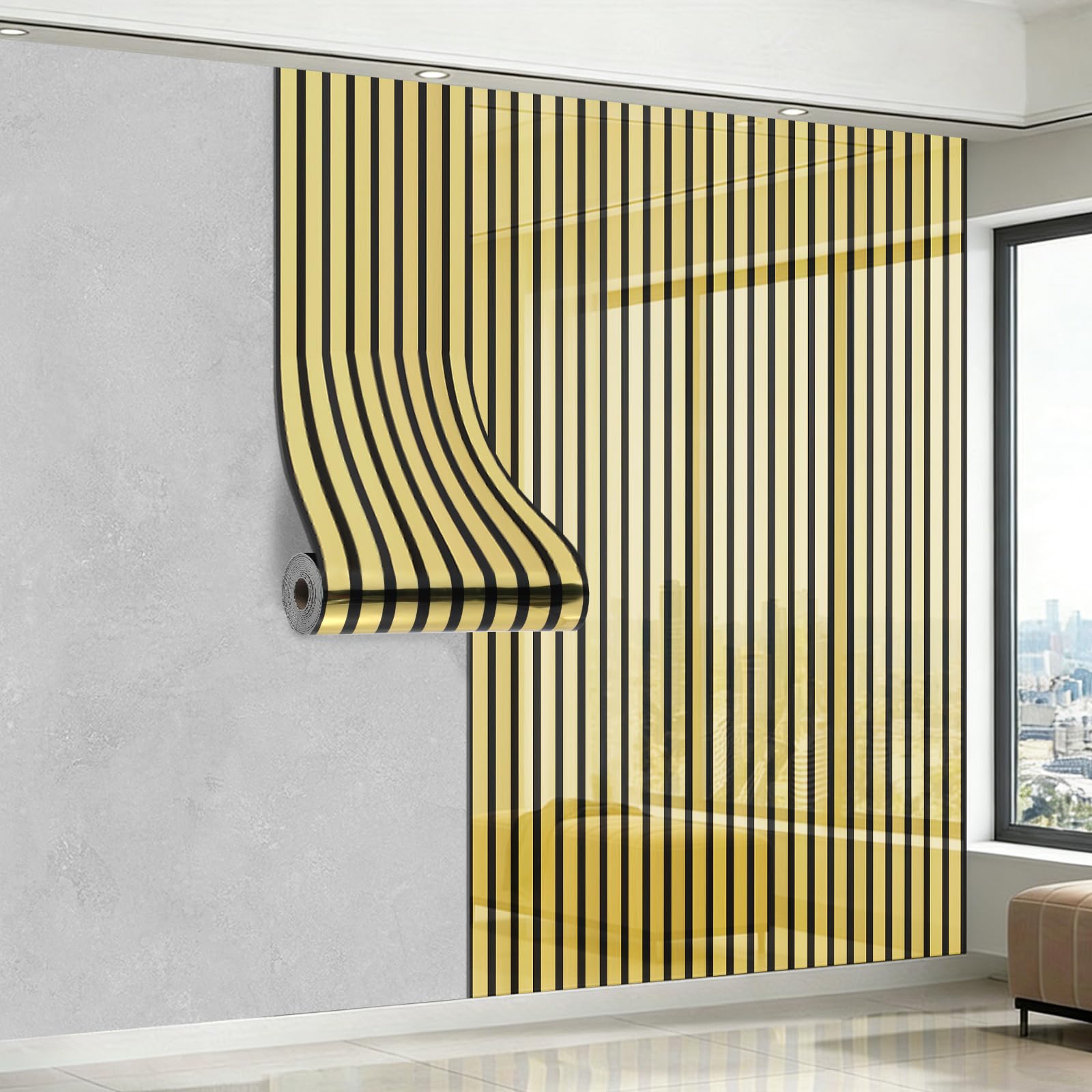 Snewvie Luxury Self Adhesive Wallpaper-2.2mm Thicken Gold Stripe Wallpaper Mirror Reflective,Waterproof-Perfect for Living Room, Bedroom & Rental House to Brighten 40cm x 3m (3 Roll = 39 sq.ft)