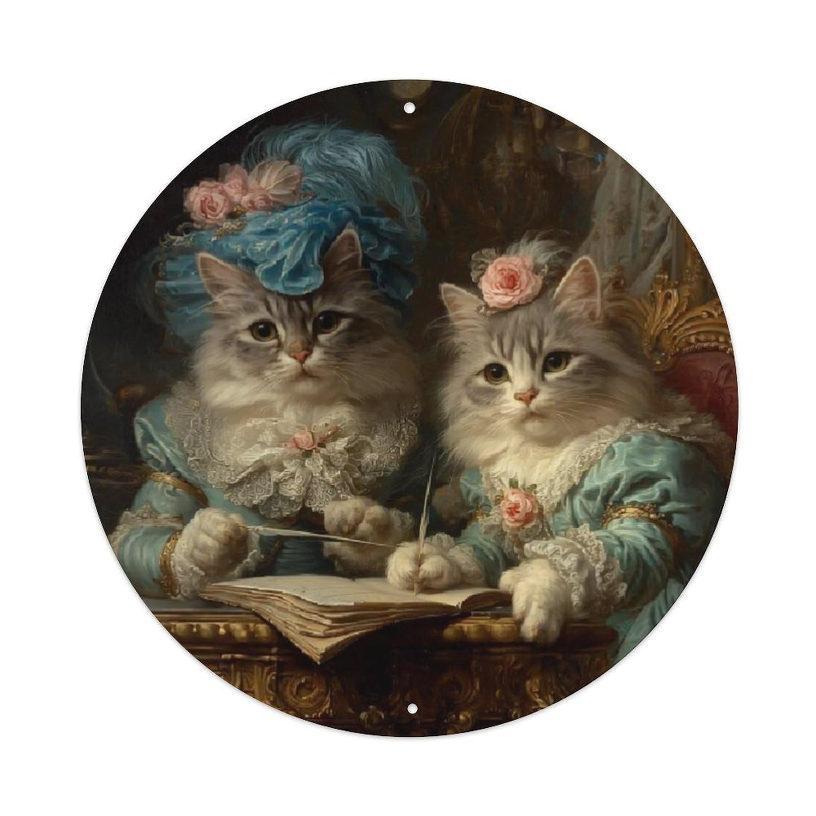 Cats In Elegant Attire Writing Retro Metal Sign Round Tin Sign, Vintage Decor Art Poster for Bar, Home, Man Cave, Kitchen, Laundry Room Gift 8x8Inch