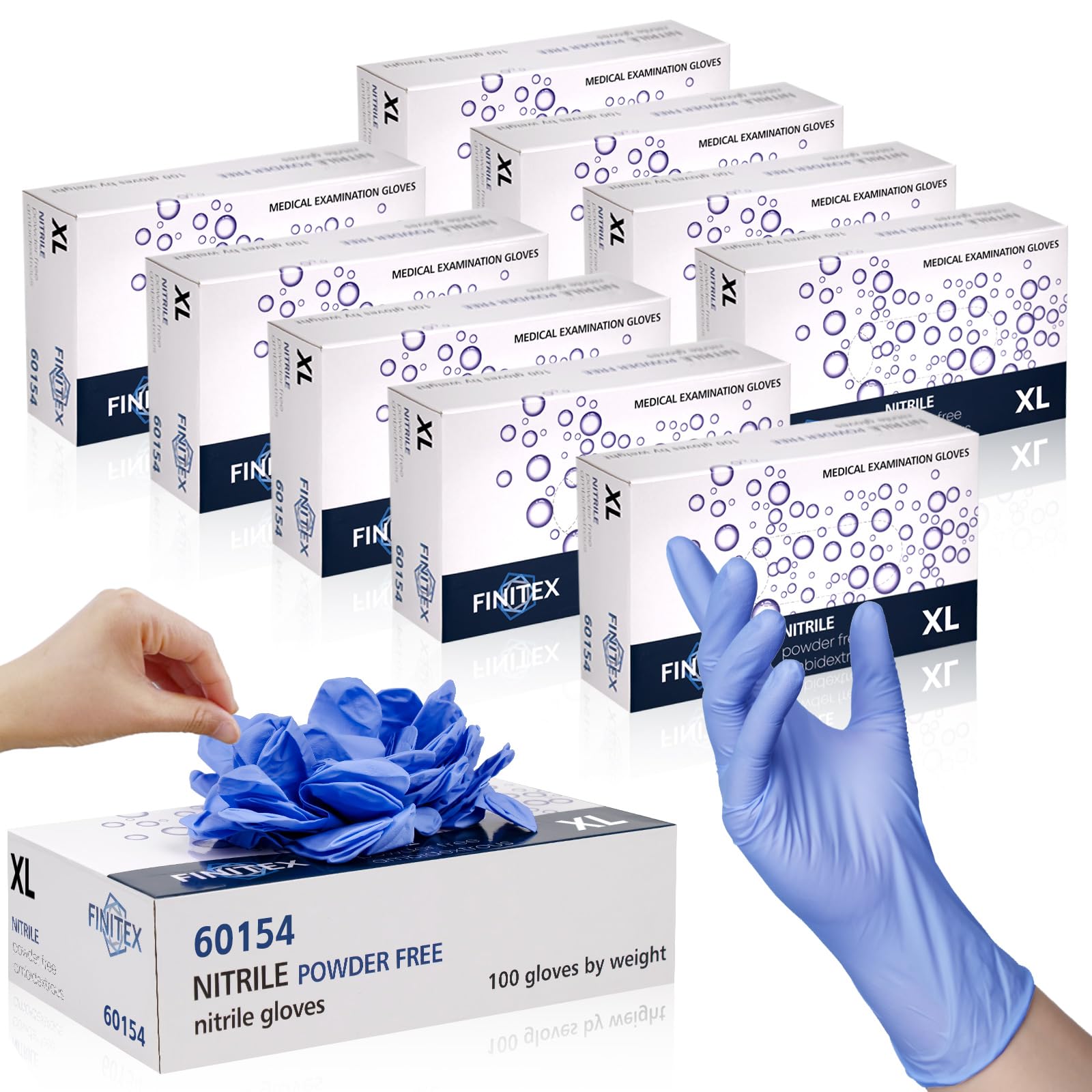 FINITEX Ice Blue Nitrile Exam Gloves - Powder-free, 1000 PCS Medical & Home Cleaning Gloves