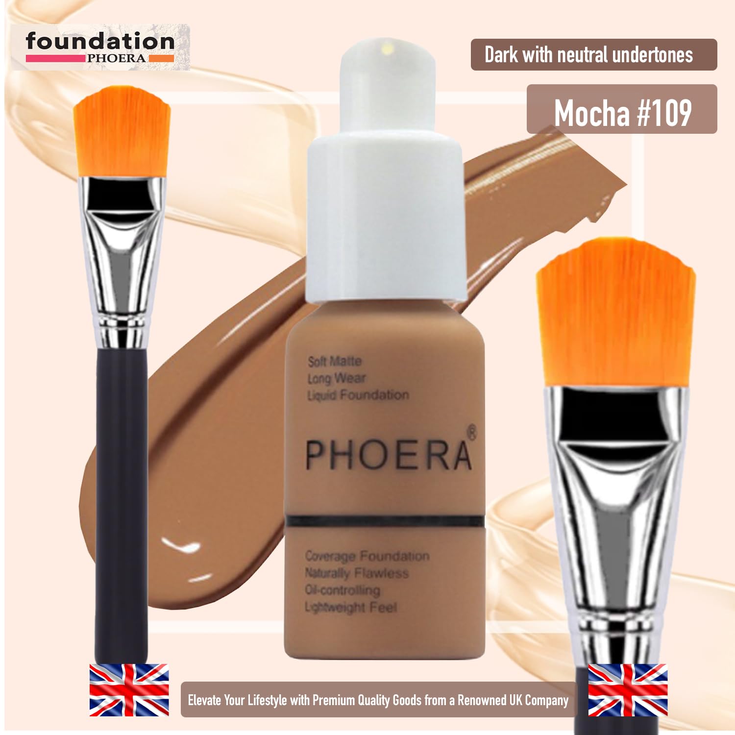 Glamza PHOERA Foundation Concealer Makeup Full Coverage Matte Brighten Long Lasting UK + Professional Flat Face Foundation Brush (109 MOCHA) - Image 2