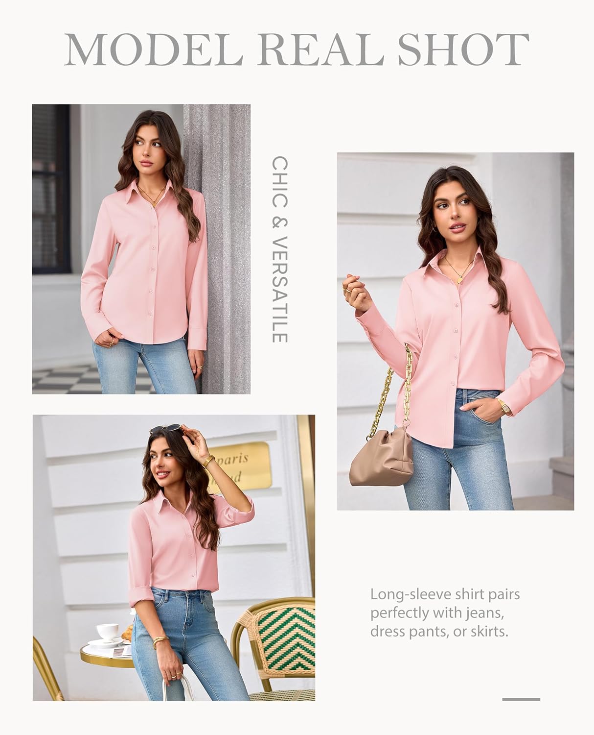 siliteelon Button Down Shirts for Women: Wrinkle Free Long Sleeve Regular Fit Collared Dress Shirt Solid Formal Office - Image 6