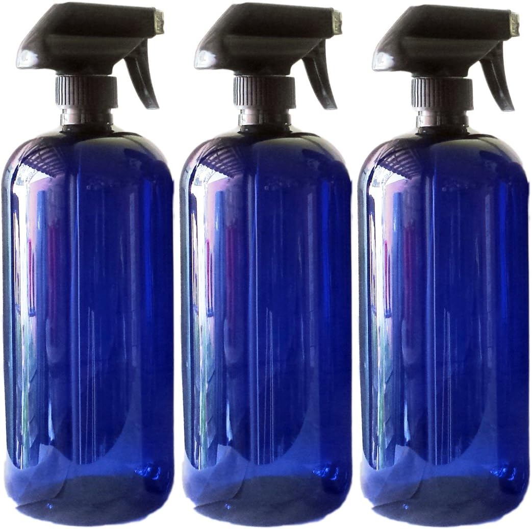 32 oz Blue Plastic PET Plastic Bottle with Black Hand Lotion Pump or Trigger Spray and Kraft Labels (03 Trigger Spray)