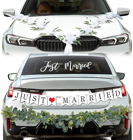 Just Married Car Decorations Kit Wedding Car Decor with Artificial White Roses Banner Flower Vine Tulle Ribbon Sign Stickers Getaway Car Accessories for Bride and Groom Send Off SUV Truck