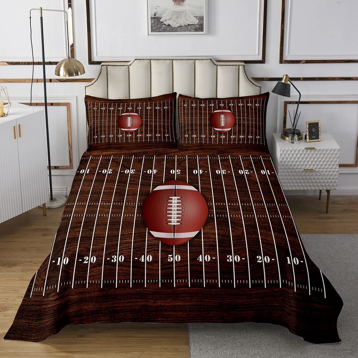 Zestaw narzut piłkarskich w stylu vintage, rugby, sport, pikowana narzuta na łóżko, futbol amerykański, dla chłopców, dziewcząt, boisko do piłki nożnej, dekoracja sypialni, drewniana tekstura, pikowana z 1 poszewką na poduszkę, pojedyncza