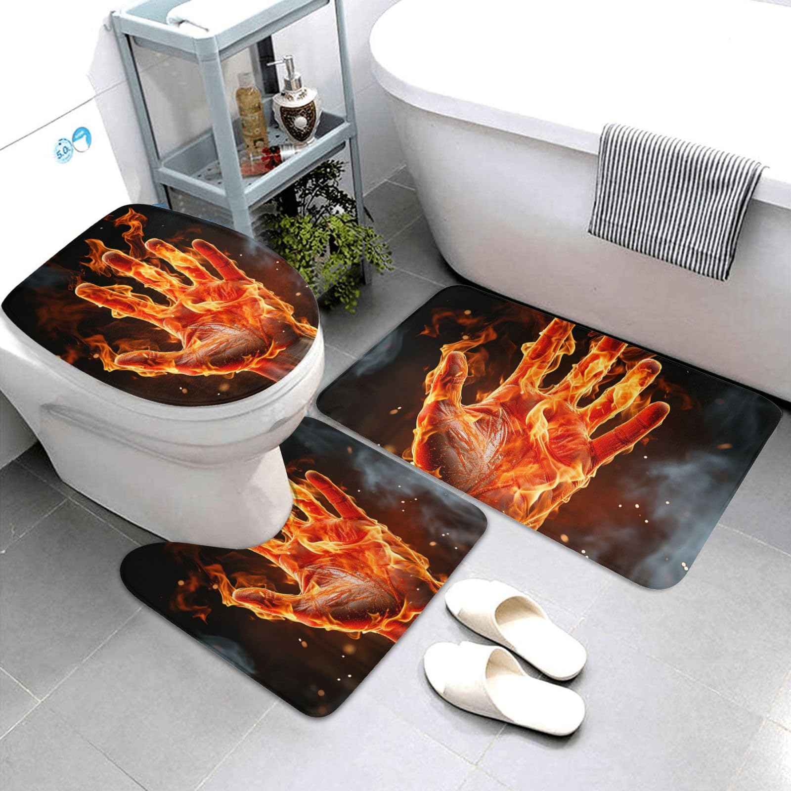 Dwrepo Fire Flame Hand Print Bathroom Rug Set 3 Piece with Non-Slip U-Shaped Contour Mat and Toilet Lid Cover for Bathroom Decoration