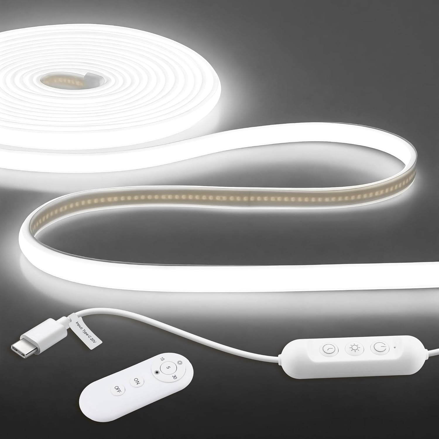 ALITOVE LED Light Strip 20V USB Type-C 6000K Cool White Waterproof COB LED Strip Light 16.4ft Dimmable Neon Lights with Remote for Indoor Outdoor Home RV Camping Mirror Lighting(No Power Adapter)