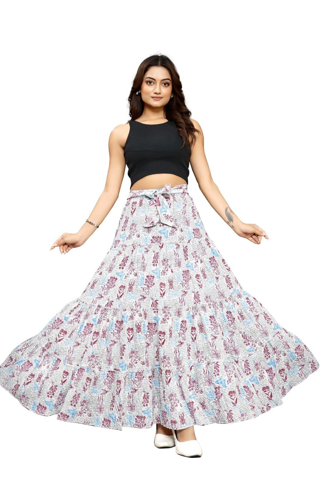 Full Length Softy and Bouncy Tiered Maxi Designer Skirt with Bow Ribbon, Floral Print Ola Checks Crushed A-Line 6 Meter Flared Western Skirt, Elastic Waist-image-42