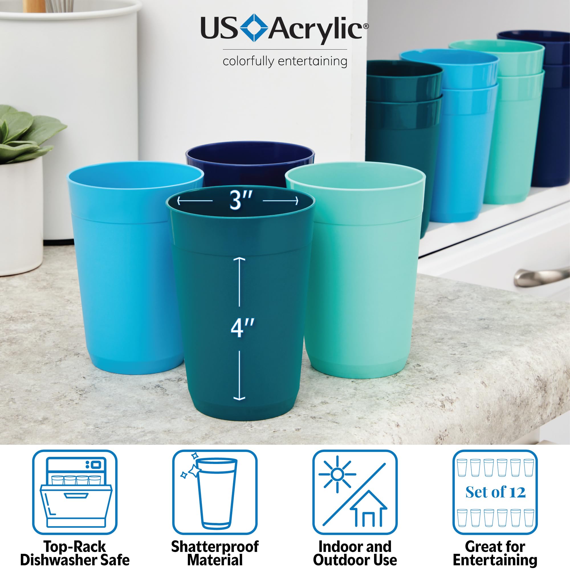 US Acrylic Newport - Vasos apilables de plástico irrompible de 10 onzas en colores costeros, juego de 12 vasos para beber, reutilizables, sin BPA, fabricados en los Estados Unidos, aptos para