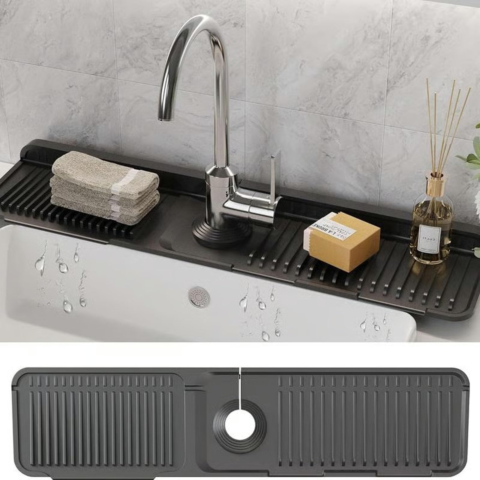 Kitchen Sink Faucet Mat, Silicone Folding Splash Guard, Thickened Faucet Mat for Kitchen Sink, Multi-Purpose Splash Guard & Drying Pad with Adjustable Holes & Snap Lock (Black,45*14*2.1cm)