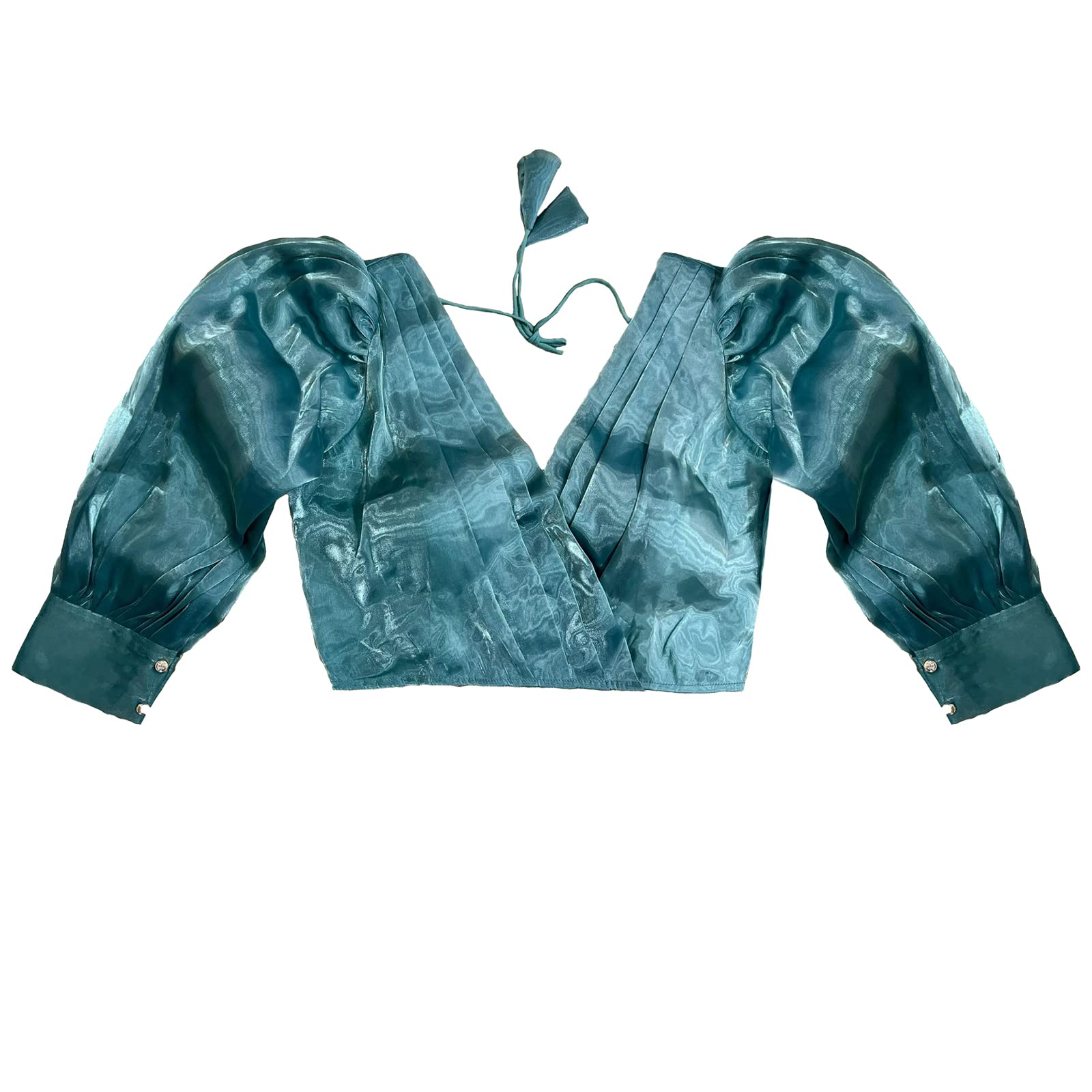 Pujia Mills Women's Rafale Silk Full Balloon Sleeve V Neck Blouse(Gangu) (Sea Green, 32)