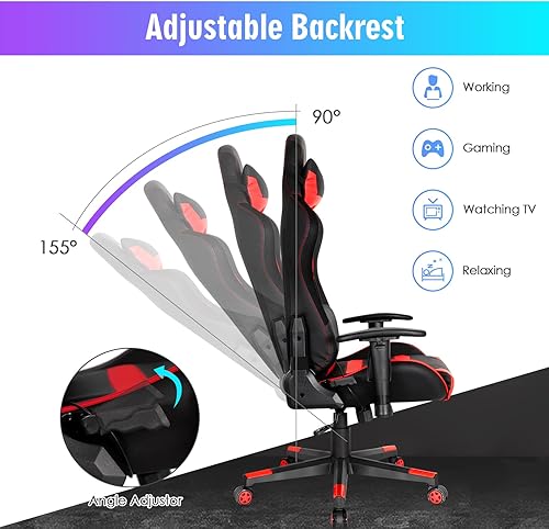 Miniatura 7 de Giantex RGB, silla ergonómica para videojuegos con luz LED, respaldo alto, silla de computadora E-Sport ajustable con cuero de PVC, reposacabezas y