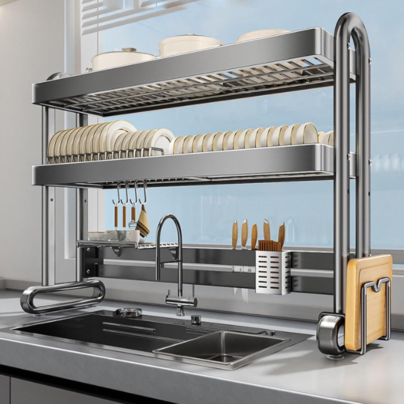 CAFIEDR Stainless Steel Over The Sink Dish Drying Rack 12 Tier Multifunctional Kitchen Drainer With Utensil Holder Spacesaving Organizer For Countertop.Black-95x80cm/37.4x31.4in