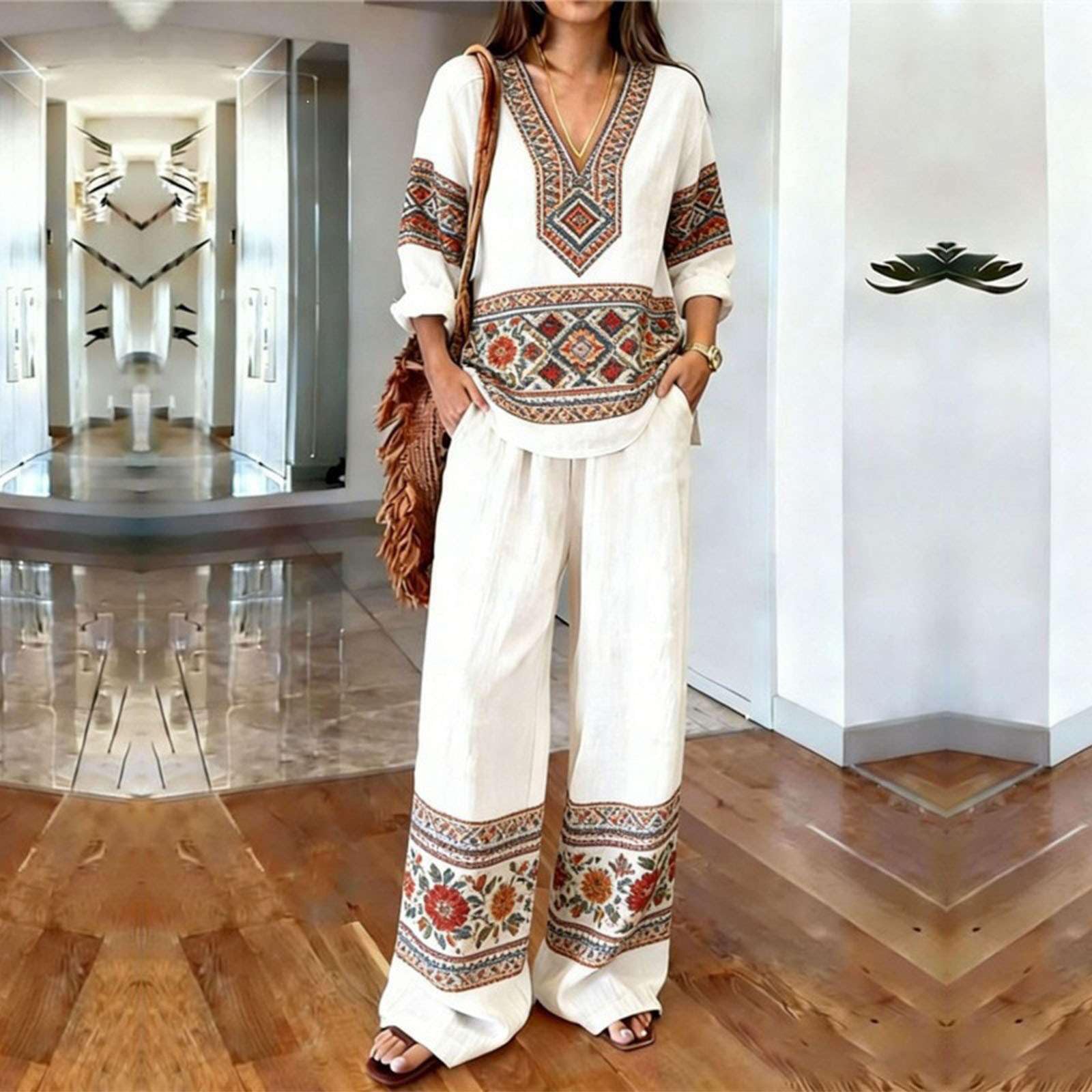 Générique Ensemble Femme 2 Pièces Été Imprimé Floral Chic - Haut Col V Manches 3/4 et Pantalon Large Fluide à Taille Haute Tenue de Vacances Bohème Décontractée en Mélange Coton et Lin