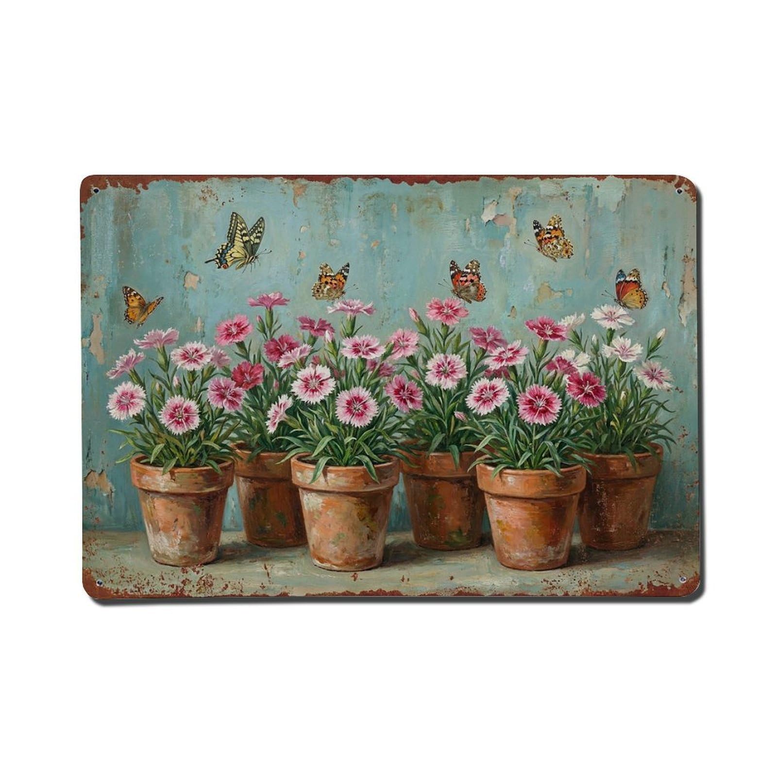 Vintage Rustic Flower Potted Plants Dianthus Metal Tin Sign