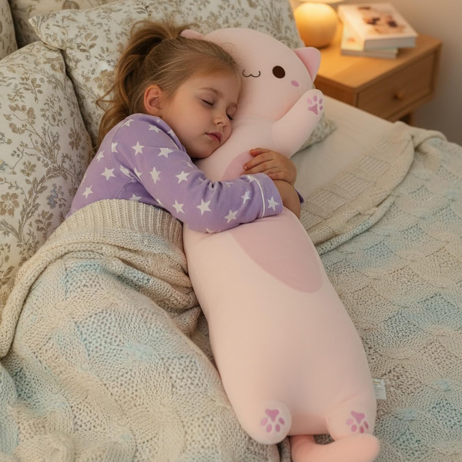 Długa pluszowa poduszka w kształcie kota, 110 cm, ultramiękka, wypchane zwierzę poduszka do ciała dla dzieci i dorosłych, uroczy pluszowy kotek, kawaii, prezent dla miłośników kotów
