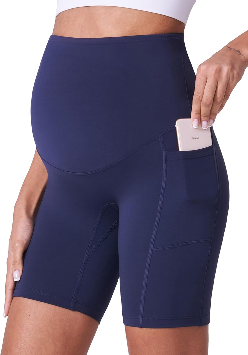 POSHDIVAH Women's Maternity Shorts Over The Belly Biker Yoga Active Pregnancy Workout Short Pants with Pockets 8" Large Navy Blue 8"