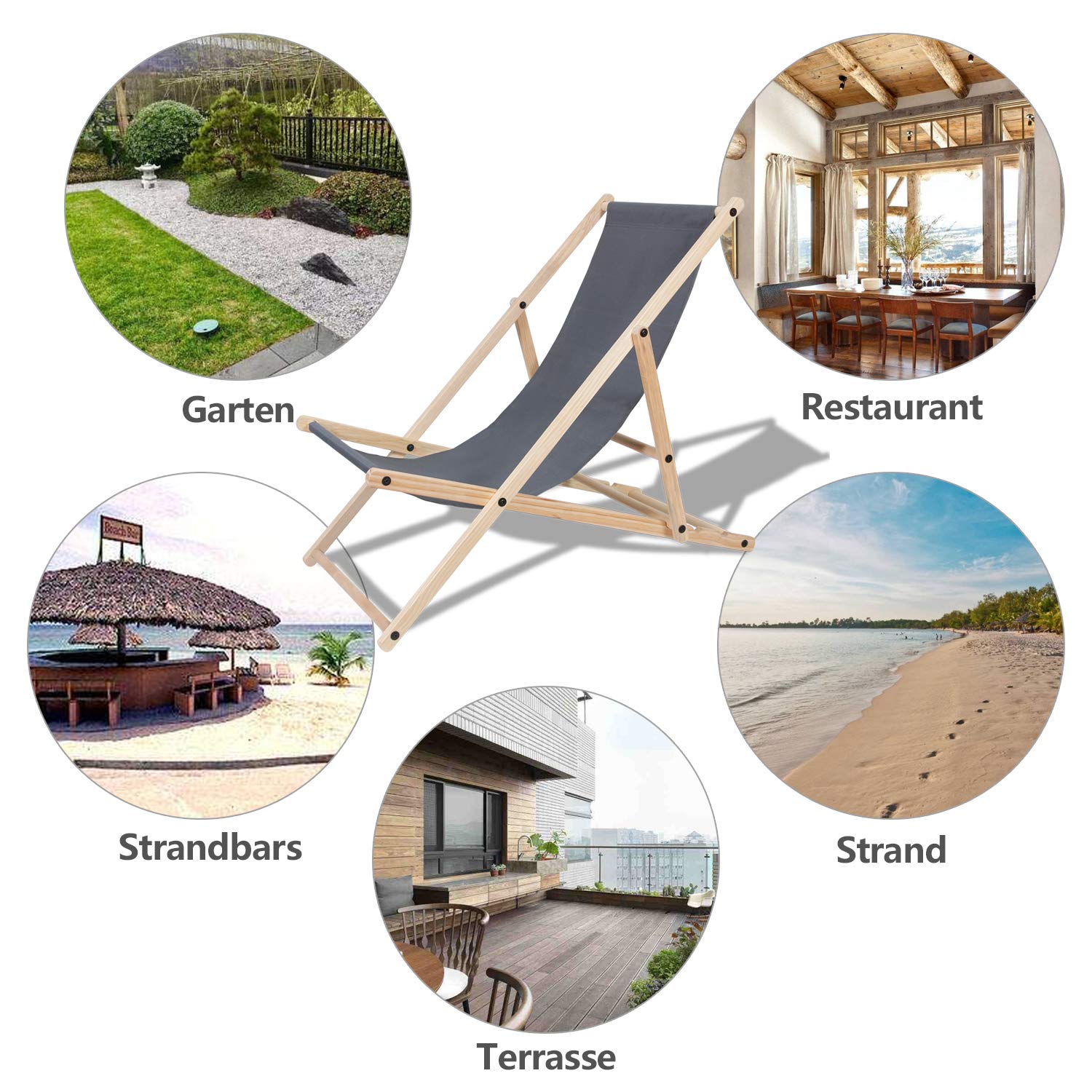 Lot de 2 chaises longues pliantes en bois - Charge maximale : 120 kg - Pour plage, camping, balcon, piscine, chaise pliante en bois, chaise longue de plage, résistante aux intempéries, grise