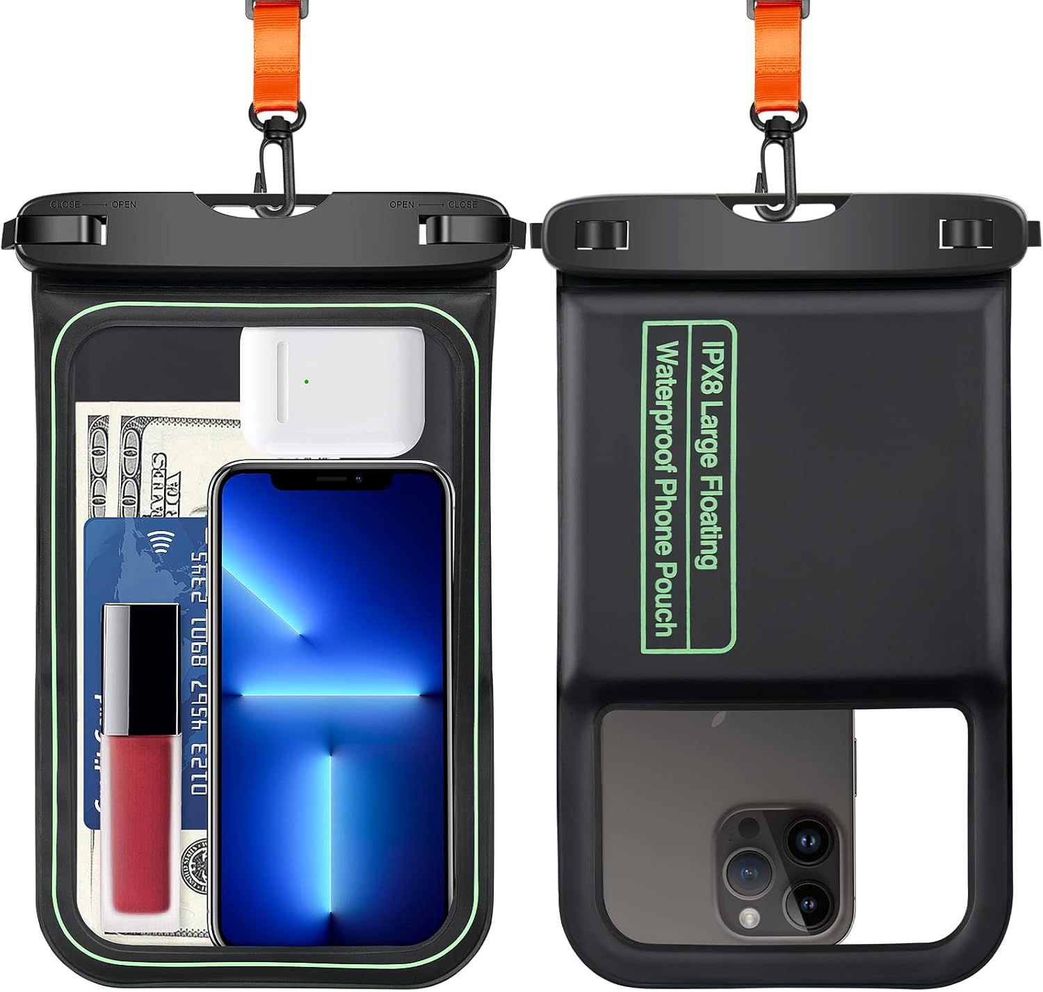 SUPFINE 2 Pcs Waterproof Phone Pouch Floating, Large Waterproof Cell Phone Case, IPX8 Waterproof Dry Bag with Lanyard for iPhone 14 Pro Max/ 13/12/ 11/ Galaxy S23 Ultra S22 Vacation Swimming- Black