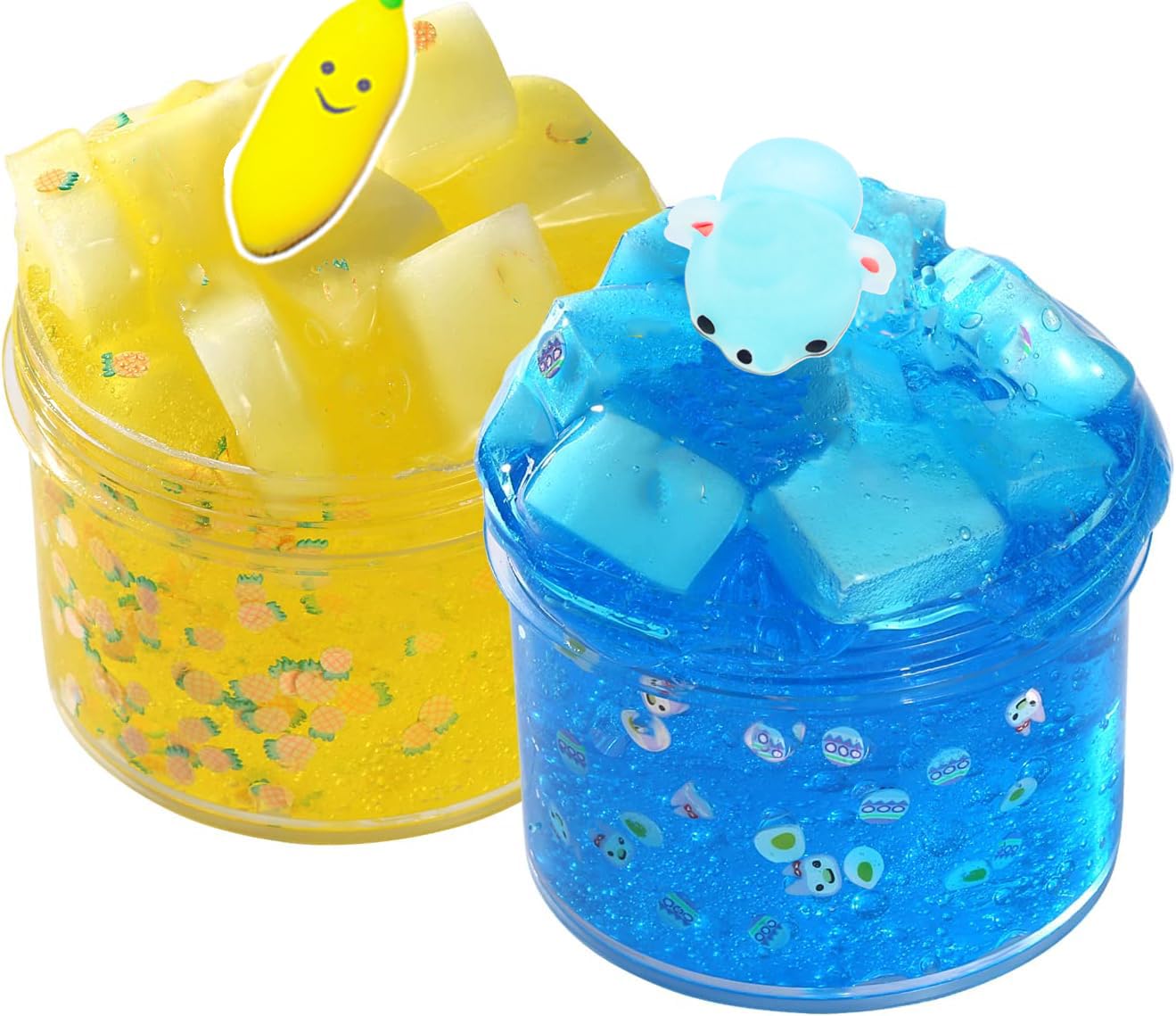 BATURU Non-Sticky Jelly Cube Clear Slime, Soft & Stretchy Crunchy Slime kit, Fruit-Scented Slime, Safe and Long-Lasting Toys Gifts for Girls and Boys Ages 6+, Stocking Stuffers for Kids (Blue+Yellow)
