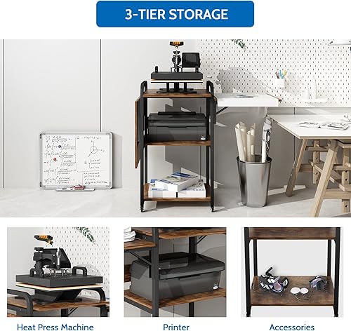 Miniatura 7 de PUNCIA Mesa de prensa de calor movible de 3 niveles, soporte plegable para máquina de transferencia de calor, banco de trabajo rodante resistente