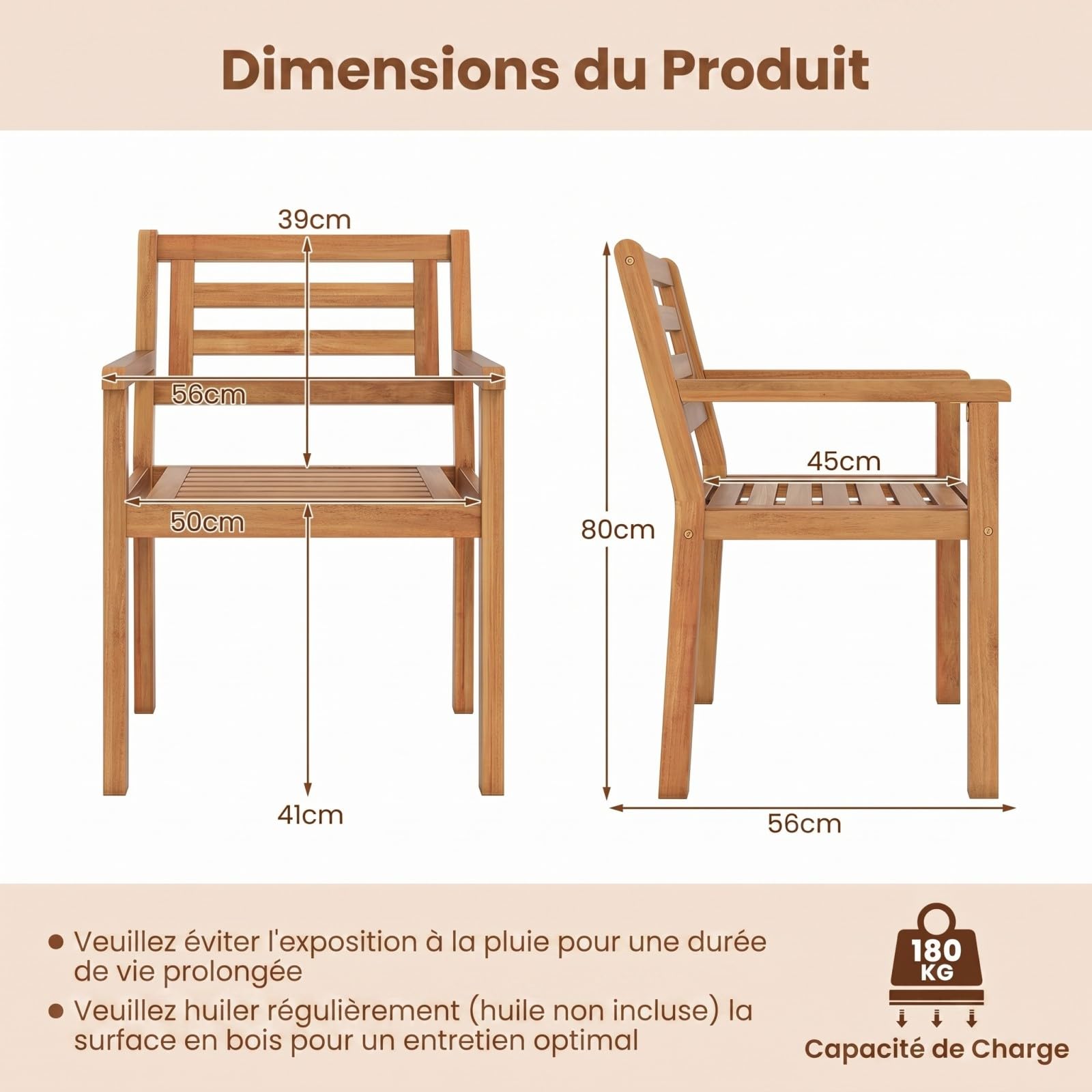 COSTWAY Lot de 2 Chaises de Jardin en Bois Acacia, Capacité 180 kg, Chaises Salle a Manger avec Accoudoirs, Dossier Incliné et Lattes, Fauteuil Exterieur pour Terrasse Patio Balcon, 56 x 56 x 80 cm