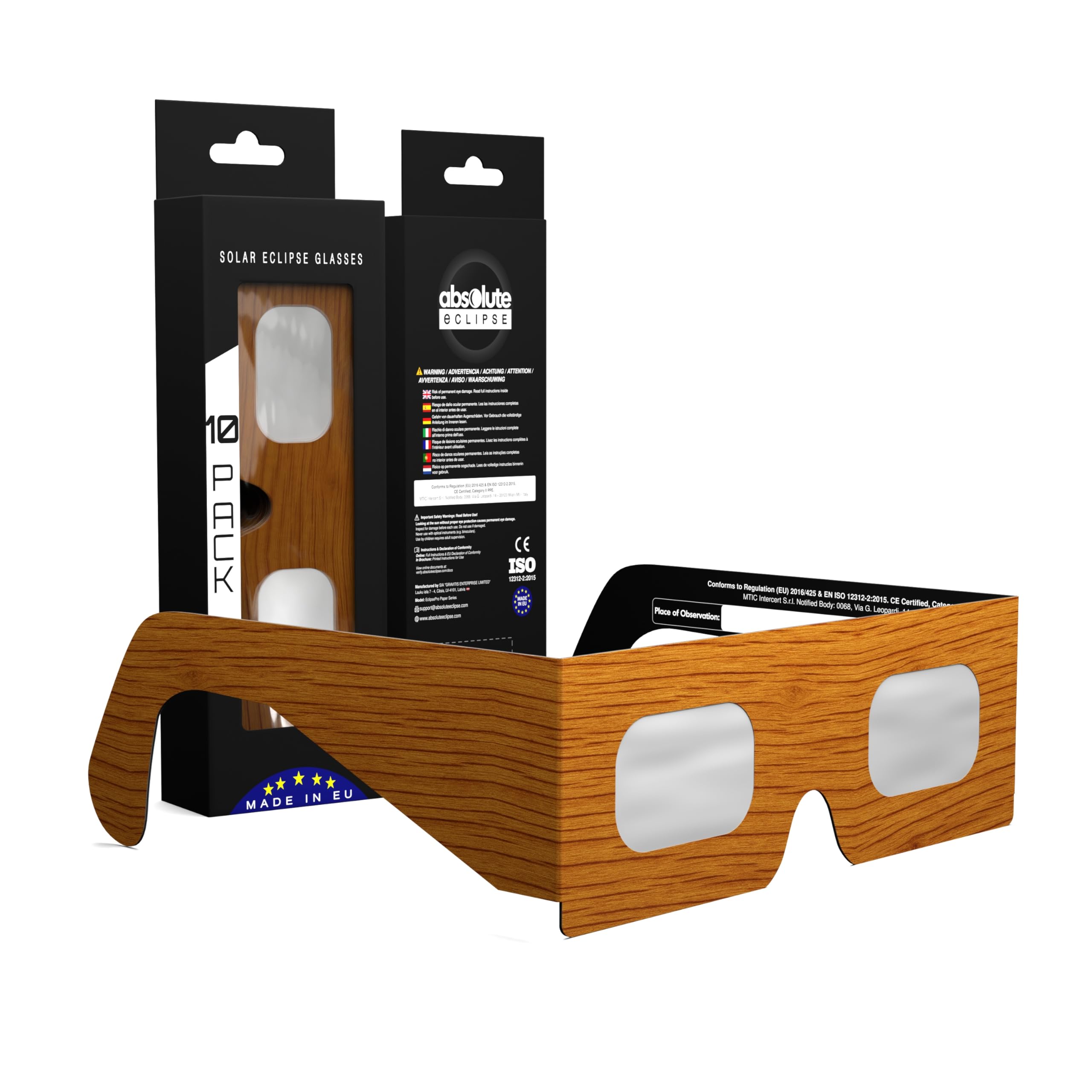 Absolute Eclipse Drewniane okulary do zaćmienia słońca hurtowo - testowane przez ISO 12312-2 i certyfikat CE - zalecany przez AAS producent UE - 2026 Eclipse Europe