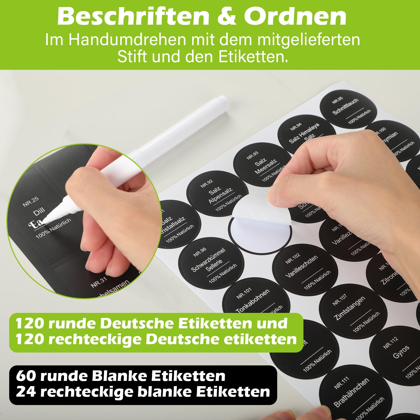 30er Set Gewürzgläser Eckig mit Streueinsatz - mit 324 Deutsch Wasserfeste Label - 120ml Luftdichte Gewürzgläser Schwarz - Gewürzstreuer Glas Organizer - Gewürzbehälter Spice Jars - Gewürzdosen Set