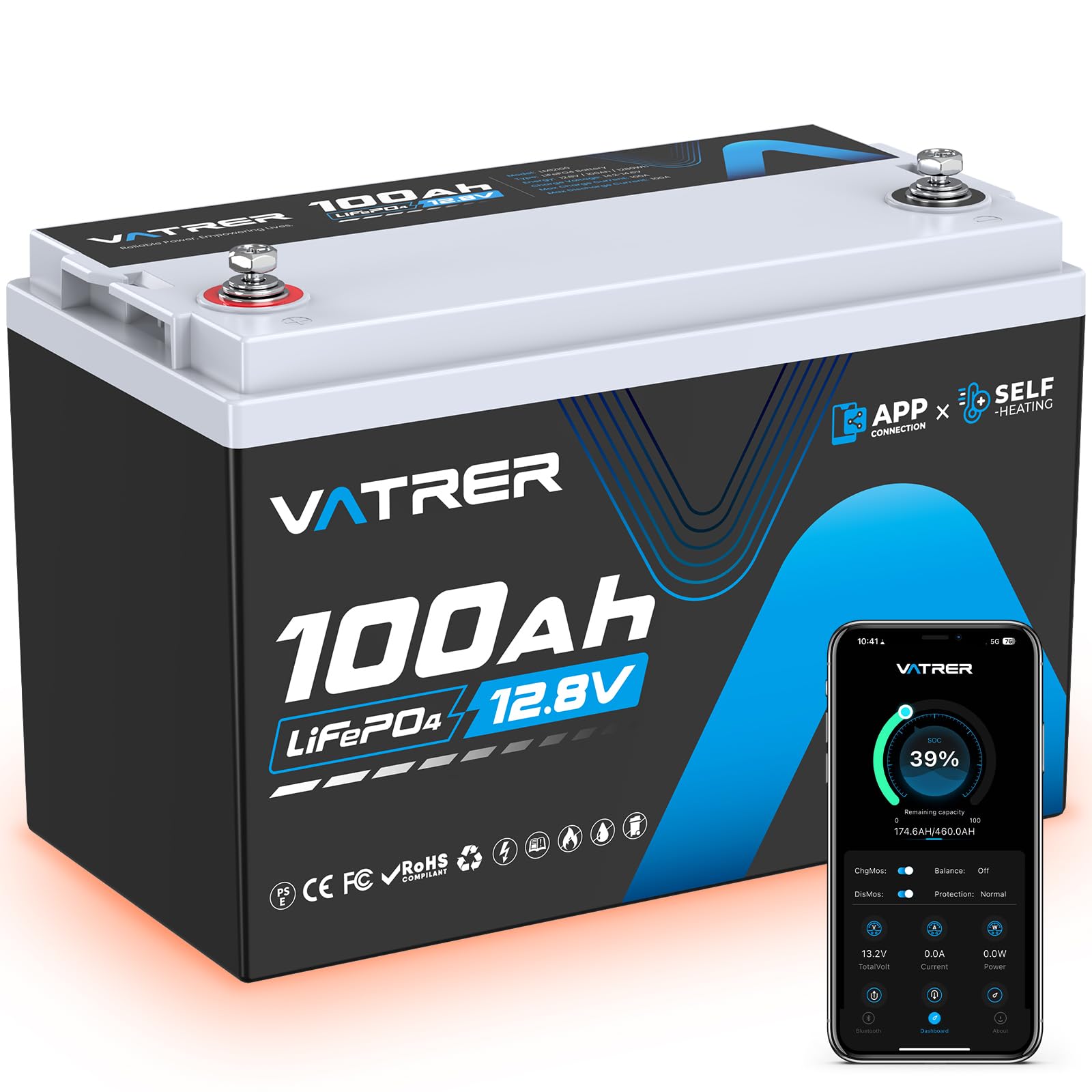 VATRER POWER Batteria LiFePO4 12,8V 100Ah Autoriscaldante Bluetooth | BMS Smart 100A·1280Wh Energia Utilizzabile·5000+ Cicli·Camper,Fotovoltaico & Off-Grid