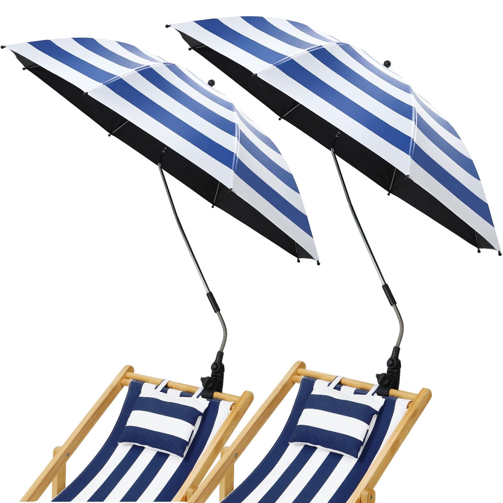 2 pcs beach umbrella with clamp uv protection 48 inch adjustable umbrellas for chair with 360° universal clamps for beach camping stroller wheelchair, chair not included(blue stripes)