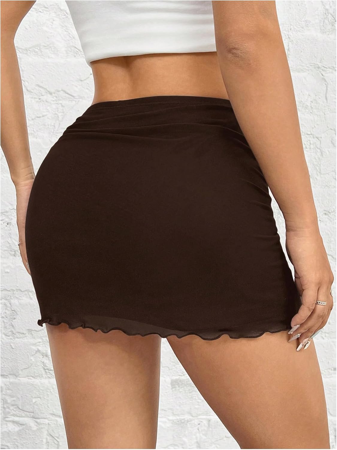 OYOANGLE Women's Low Waisted Mesh Mini Skirt Lettuce Trim Ruched Y2K Going Out Skirts - Image 2