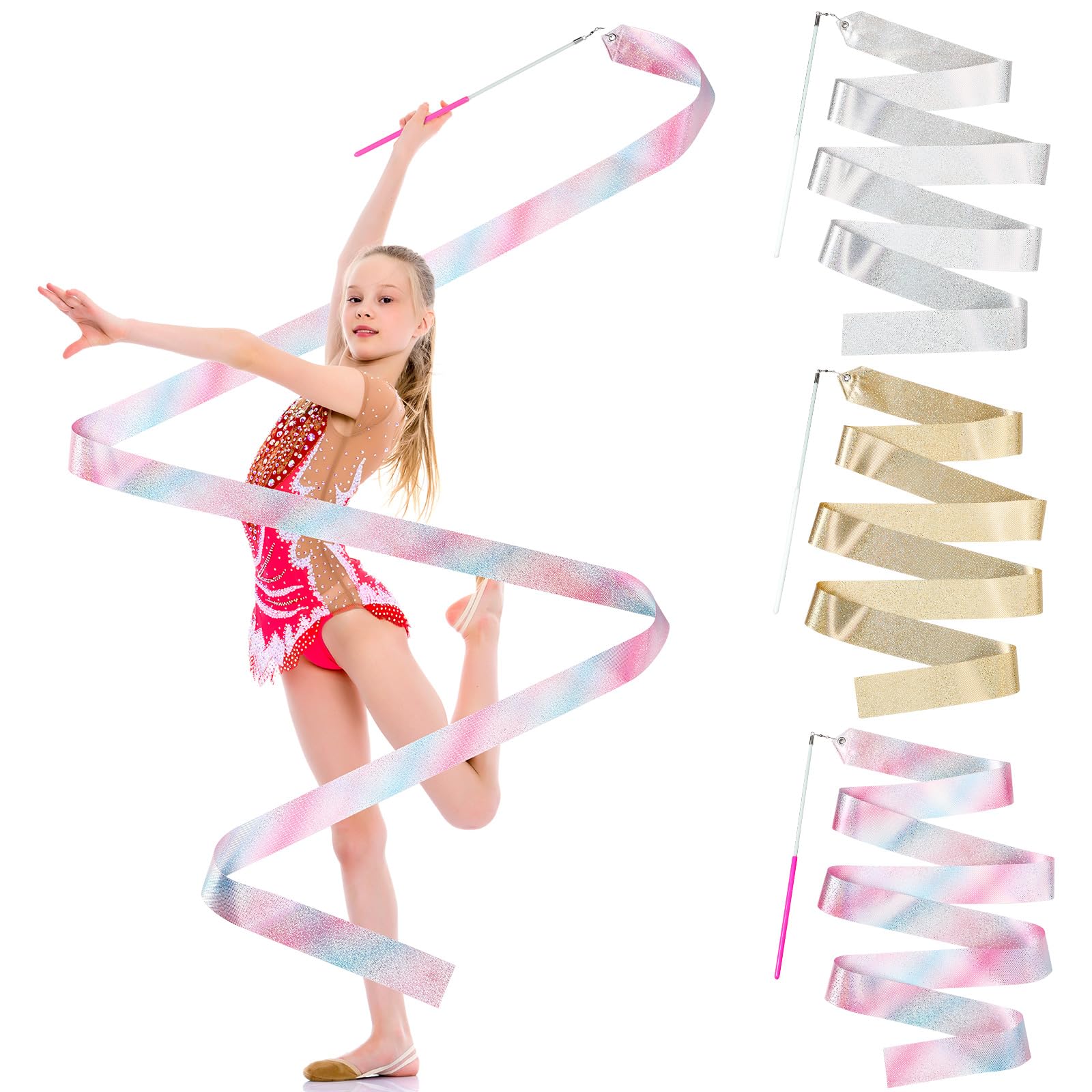 Sinmoe 3 Pcs Sparkling Gymnastic Ribbons 78.7 Inch Gymnastics Equipment Dance Ribbons with Twirling Rod Ribbon Sticks Glitter Dancing Streamers for Gym, Training, Circus, Dance