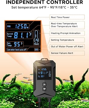 AQQA Aquarium Heater,64-95F Fast Heating Double Quartz Glass Tube Fish Tank Heater,High-definition LCD Controller Displays Real-time Power,Anti-dry and Over-temperature Protection (1400W 260-380 Gal)