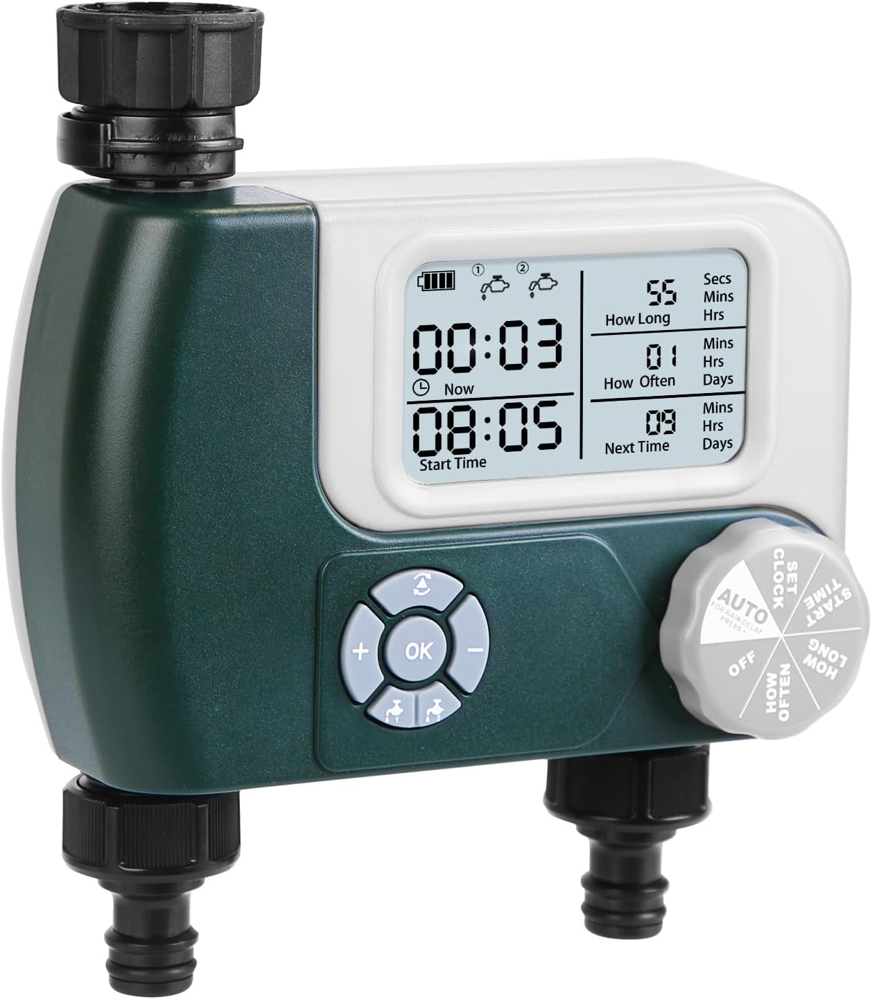 Moclever Sprinkler Timer for Garden Hose, 2-Zone Digital Programmable Water Timer with Manual/Automatic Settings, Intelligent Drip Irrigation System for Lawn, Yard, and Garden Watering