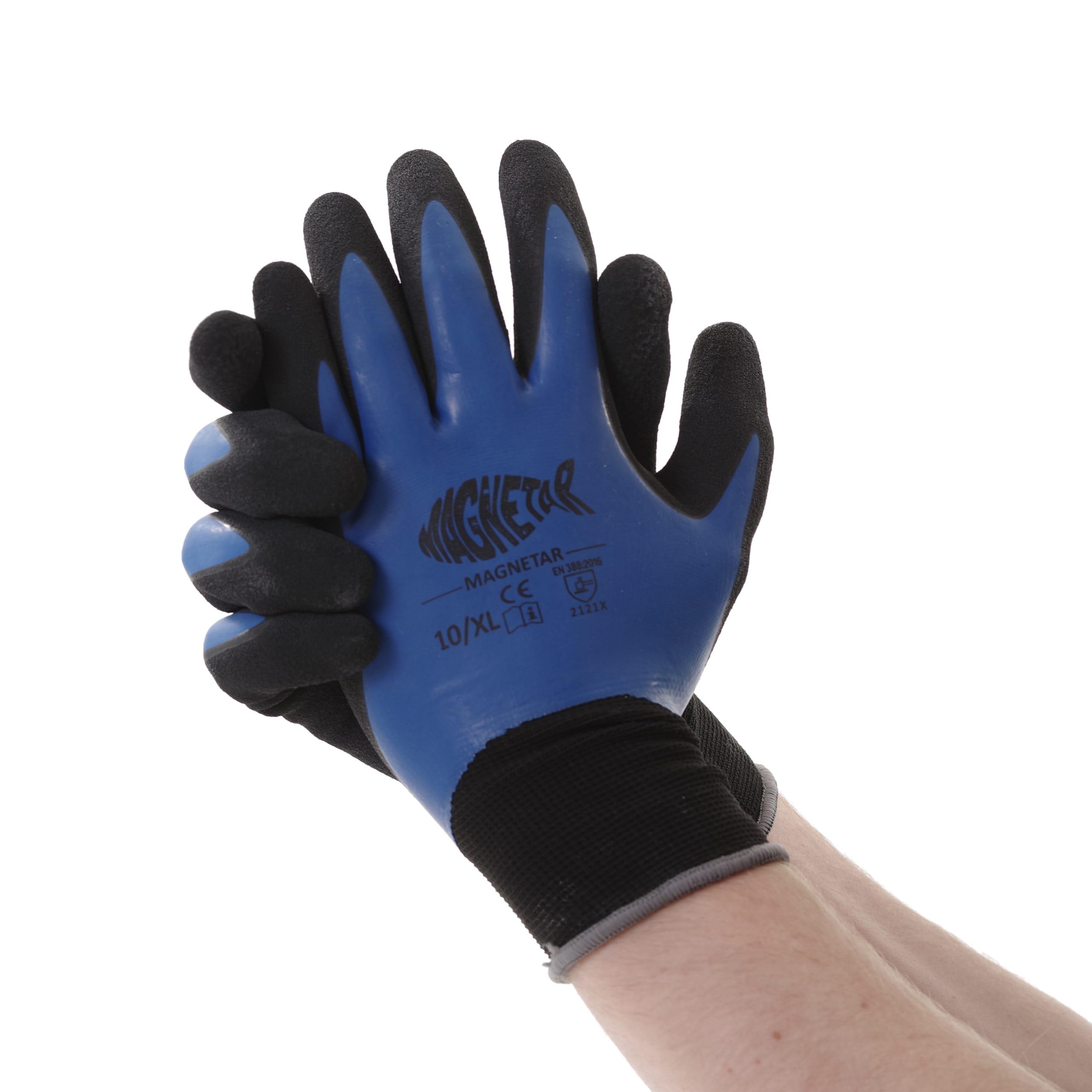Magnetar wasserdichte Handschuhe L - Rutschfester Griff - Schwarz und Blau - Extra Dicke Beschichtung - Eng Anliegend - Nylon und Latex